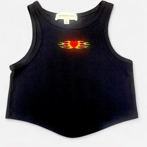 Obsessive Love Black Ribbed Crop Tank with Flame Heart Graphic